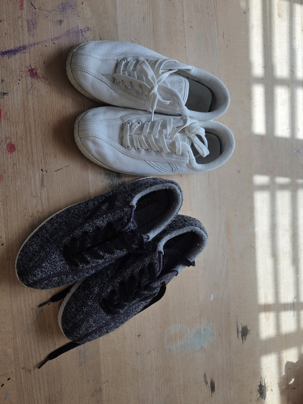Tretorn White Leather Sneakers and Charcoal Knit Trainers